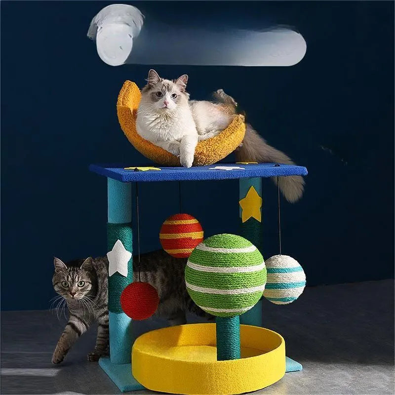 Star-shaped cat climbing frame in teddy velvet and sisal with nest and toy, cartoon style, medium and large sizes