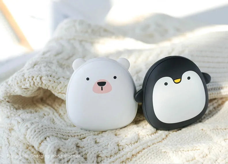 Cartoon penguin and polar bear USB rechargeable electric hand warmer showing dimensions