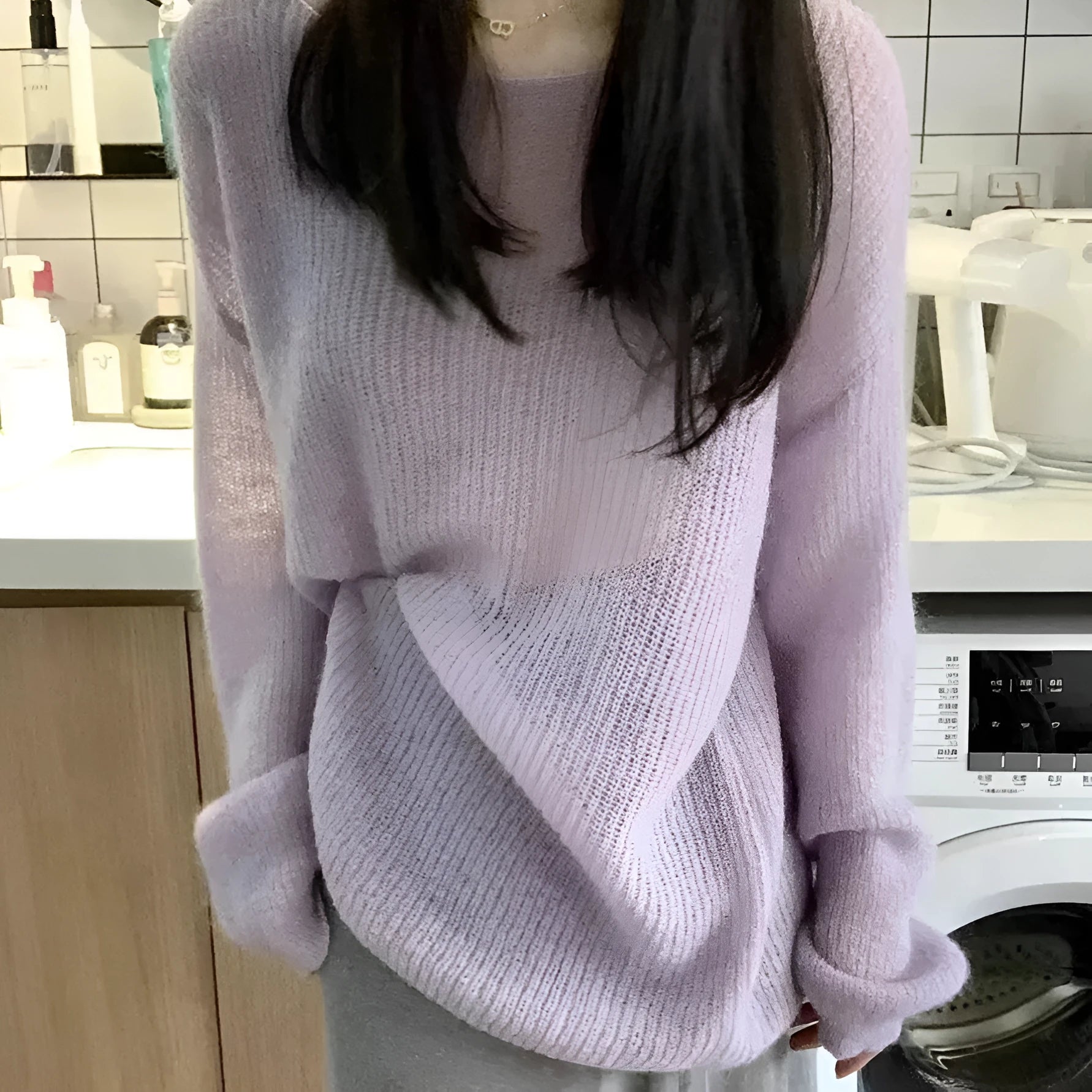 Purple women's blouse with hollow out princess sleeves in ice silk fabric, round neck pullover style