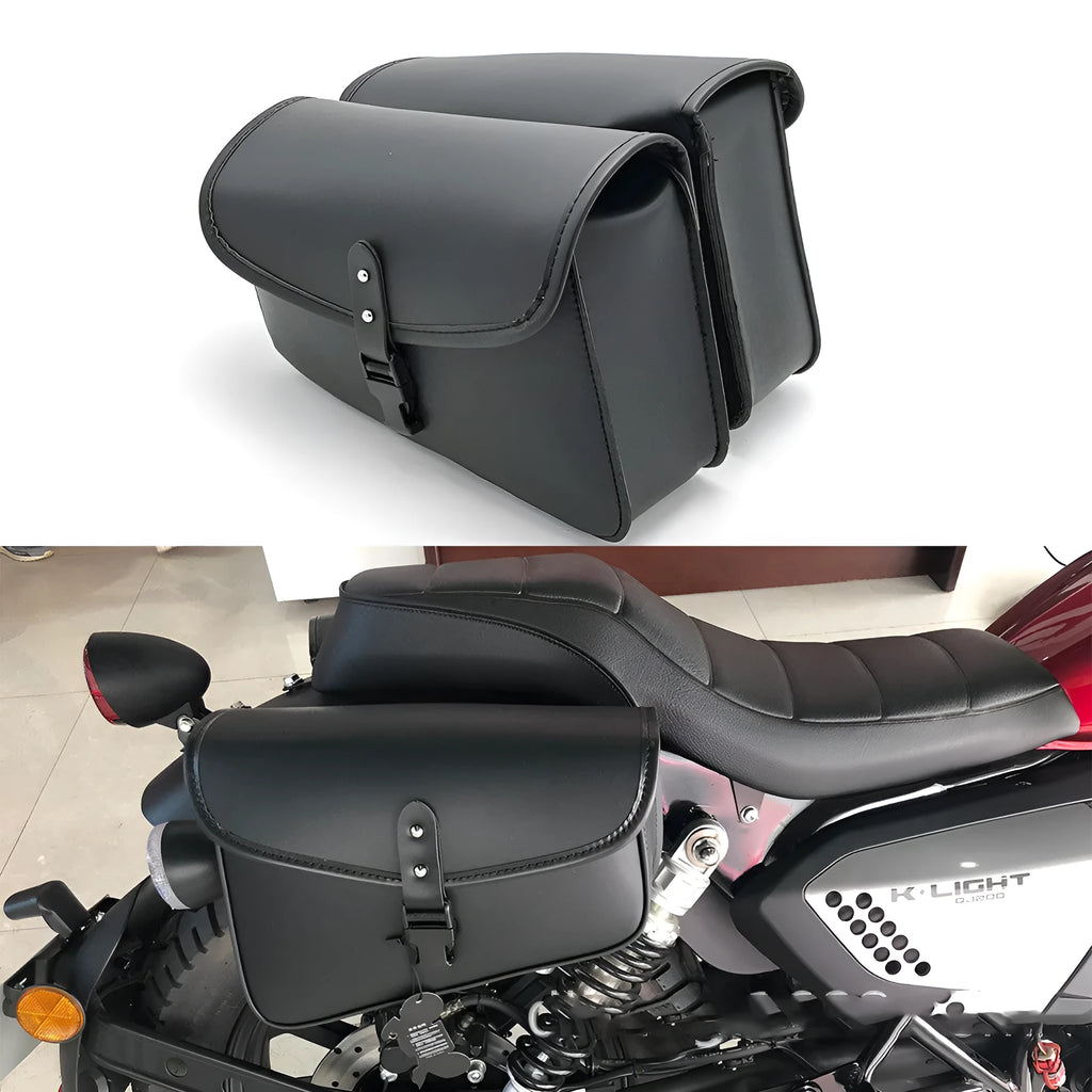 Black PU leather motorcycle swingarm side saddlebag mounted on a Harley-Davidson Sportster.