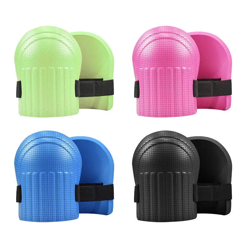 Pair of coloured EVA foam kneepads for work, shown with approximate 11mm thickness scale.