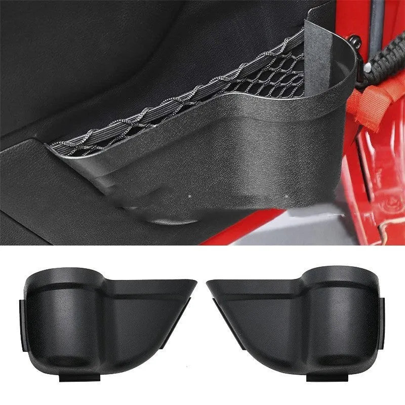 Black ABS door storage box for Jeep Wrangler JK and JL models mounted on interior door panel