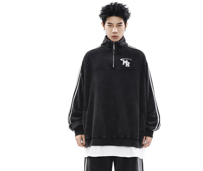 Black Hong Kong style retro sports hoodie with stand collar, shown on a model.