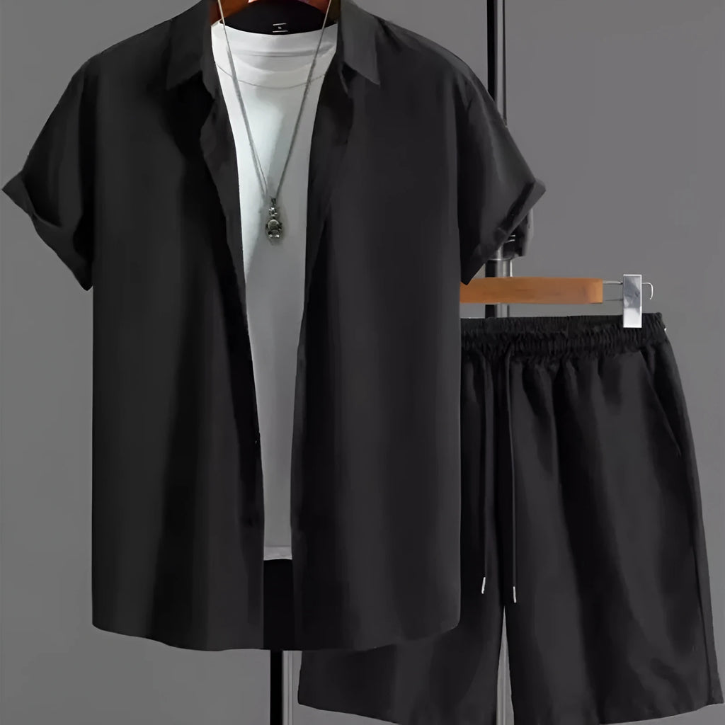 Jacquard patterned short sleeve shirt and matching shorts suit set on a hanger.