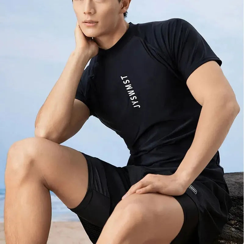 Men's patterned polyester swimsuit set with top and trousers on a mannequin