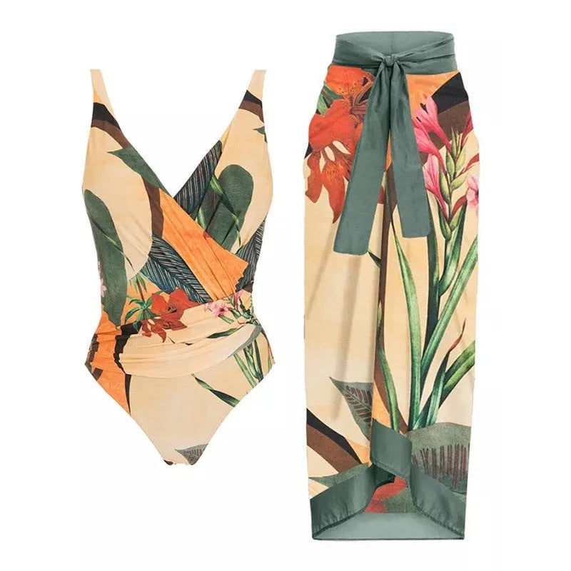 Women's solid colour one-piece swimsuit with spaghetti straps and an attached skirt.