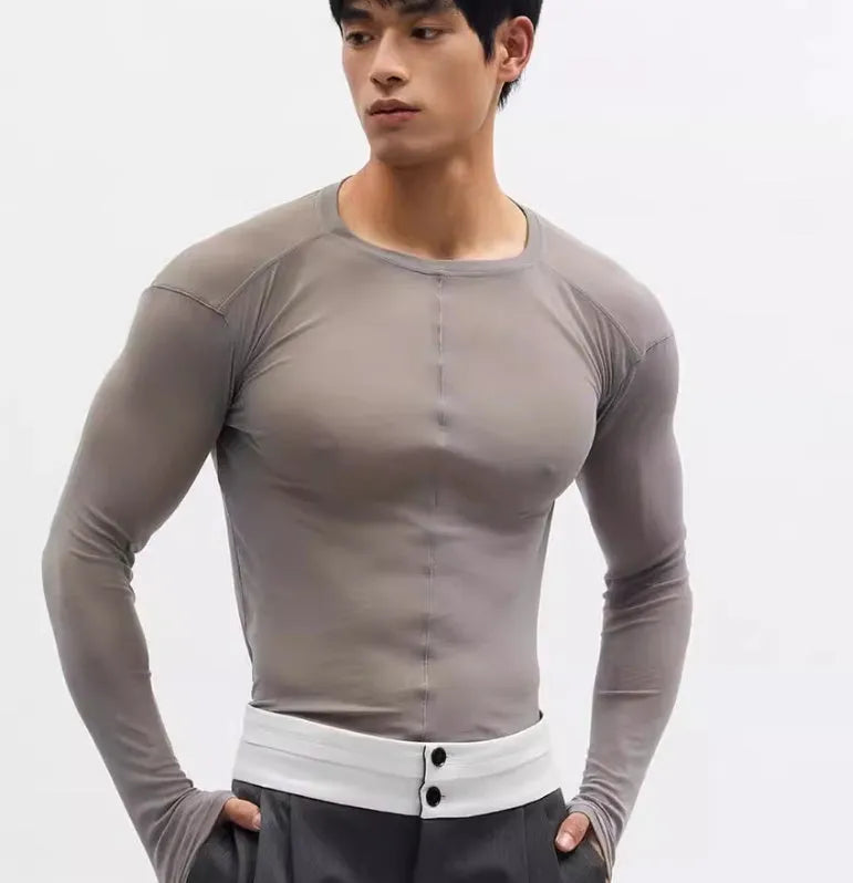 Black slim-fit women's pullover with mesh see-through texture and long sleeves