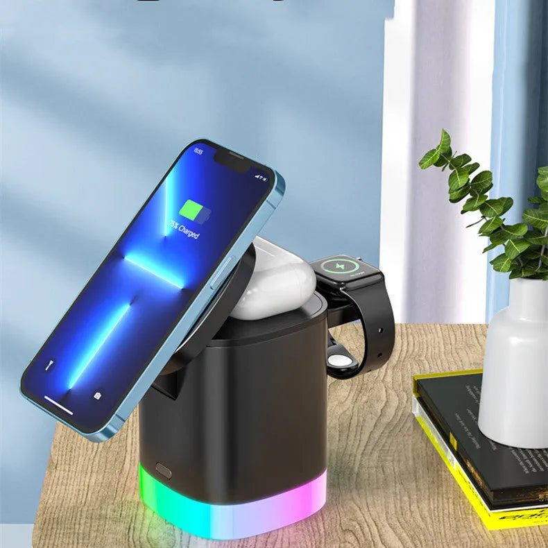 3 in 1 magnetic wireless fast charger cube with RGB ambient light, foldable design, black or white, USB outlet.