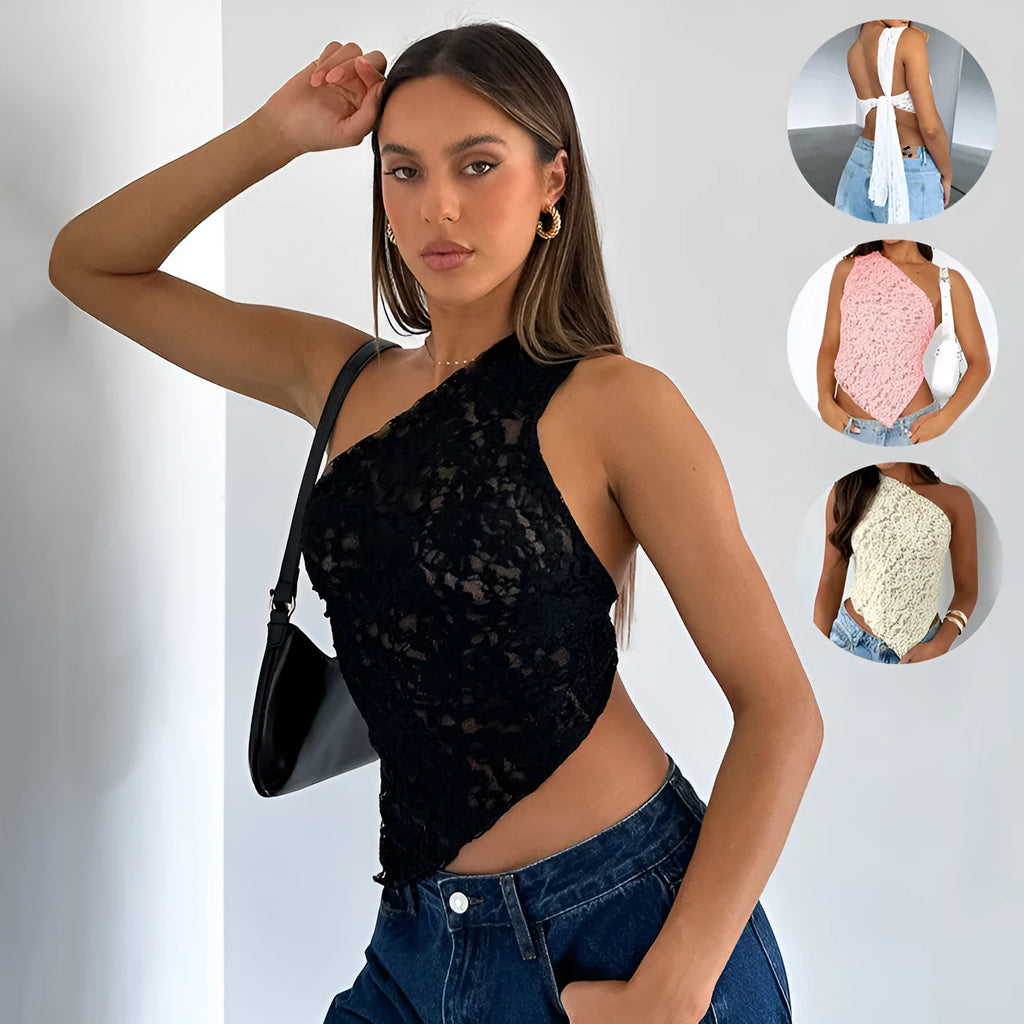 Women's apricot sleeveless vest top with lace back panel and asymmetrical neckline on a hanger.