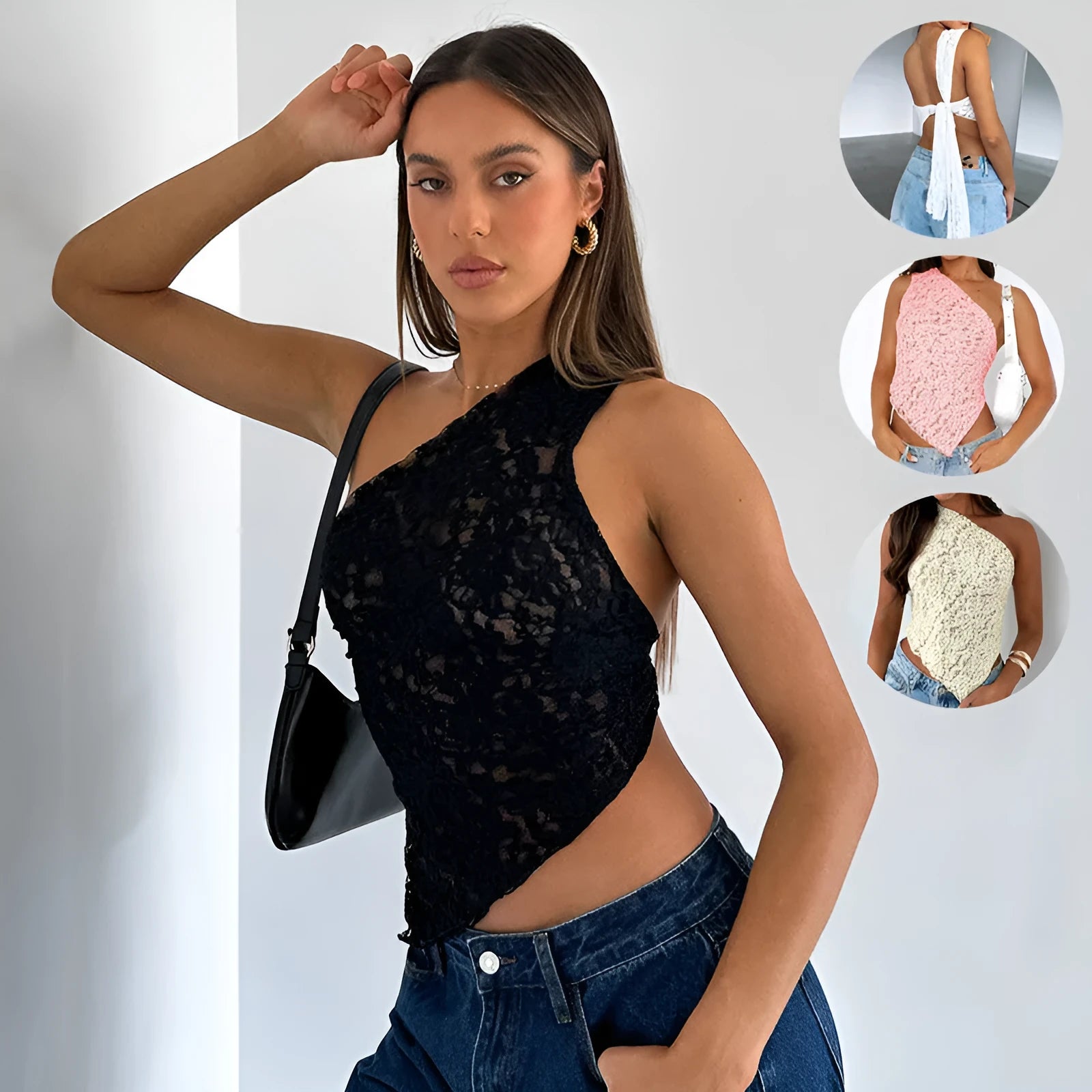 Women's apricot sleeveless vest top with lace back panel and asymmetrical neckline on a hanger.