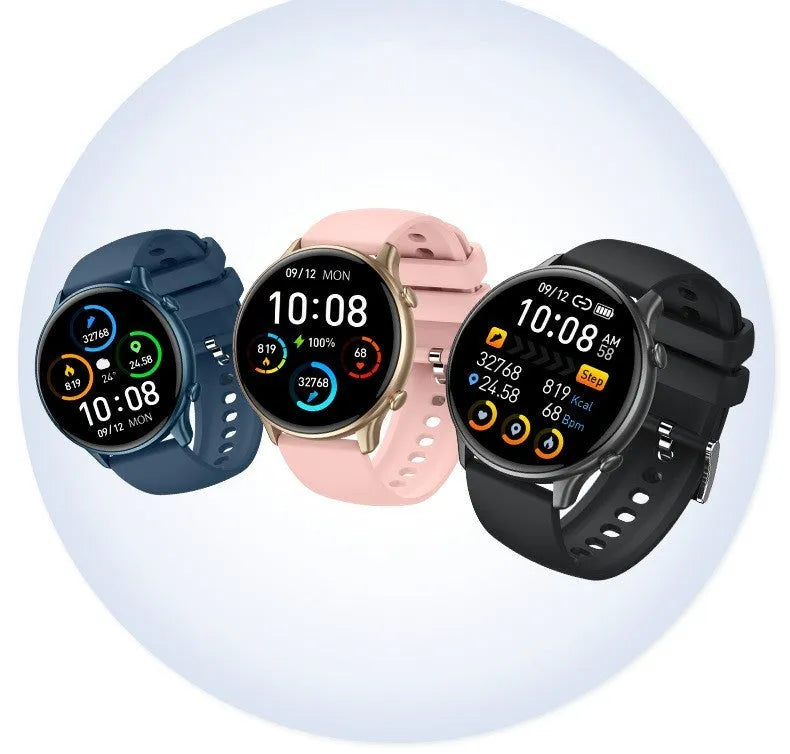 Round smart sports watch with touch screen and silicone strap in three colours