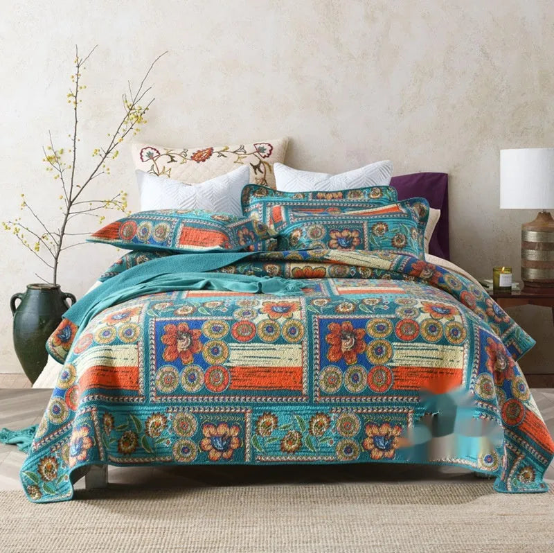 Pure cotton geometric pattern bedspread three-piece set showing double-sided design for 1.8 metre bed