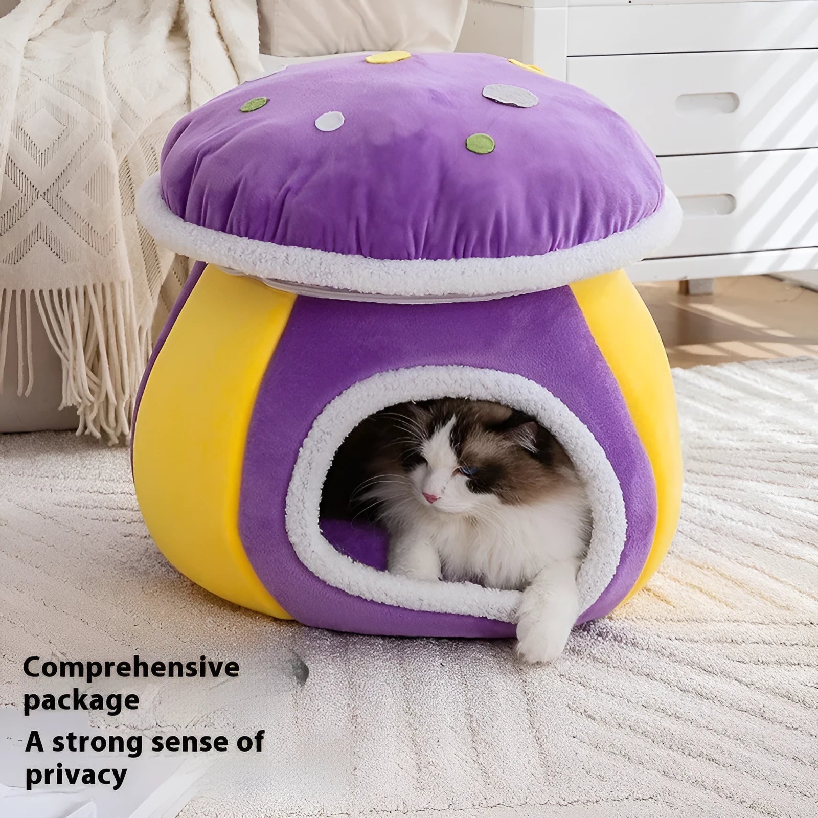 Purple mushroom-shaped cat bed with detachable top blanket on grey carpet