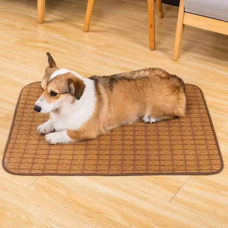 Brown rattan fibre cooling mat for dogs in various sizes from small to 3XL