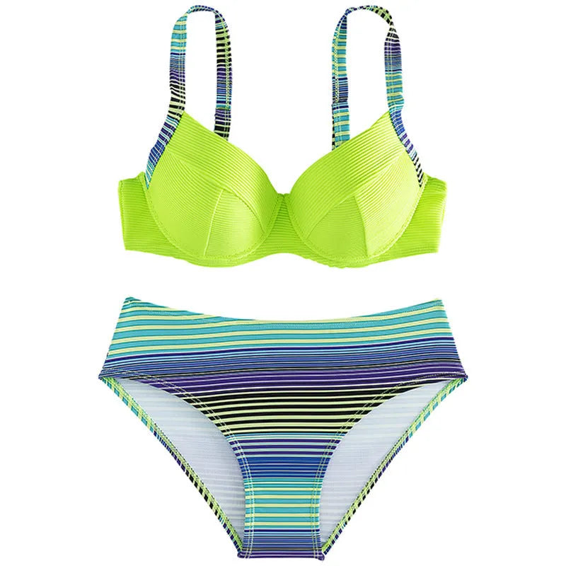 Green women's halter bikini set with sleeveless top and split briefs on a mannequin.