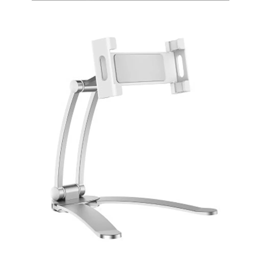 Silver and white aluminum alloy desktop stand holding a tablet at an adjustable angle.