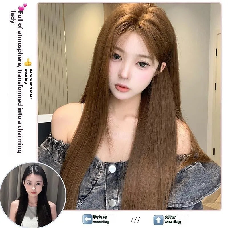 Warm brown long straight wig with centre-parted bangs and forehead lace hair net