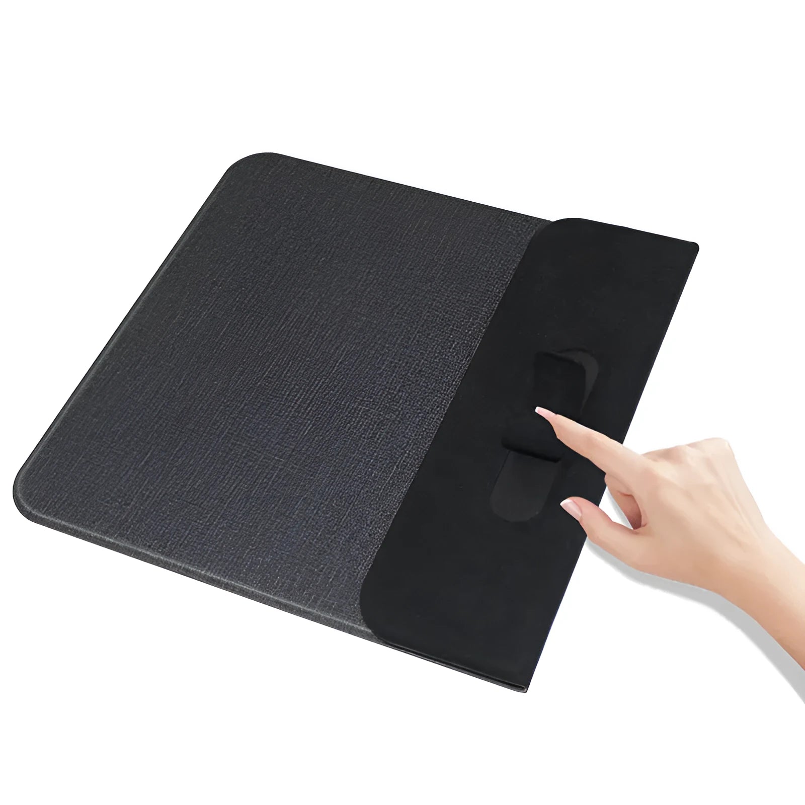 Foldable cloth wireless charging phone holder showing smartphone in charging position at adjustable angle