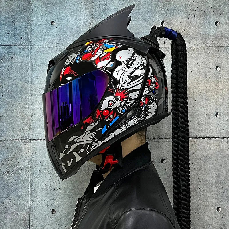 Couples' Dirty Braids full face motorcycle helmet in Black Clown graphic style on a white background.