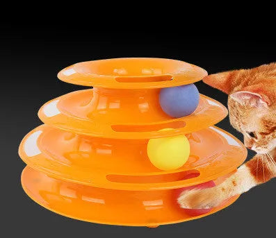 Four-layer interactive cat turntable toy with ball track tower, plastic, 16x29cm, in pink, blue or orange
