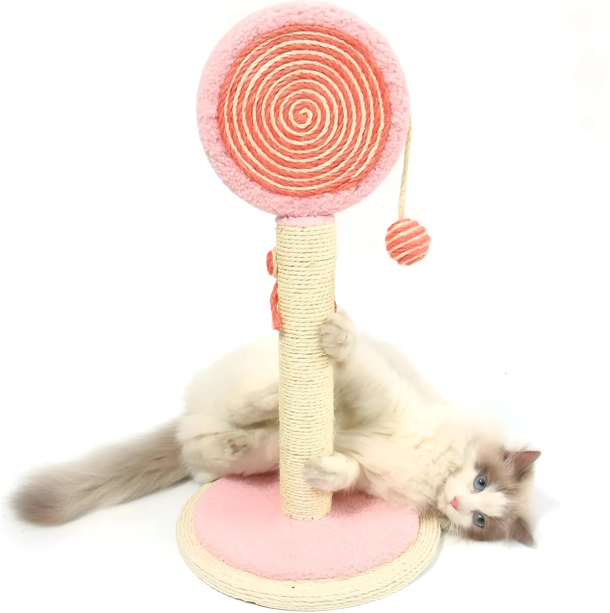 Blue cat scratching post with sisal rope and a hanging ball toy on a stable wooden base.