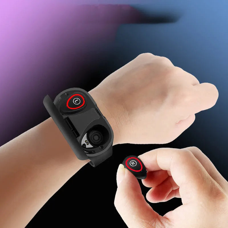 Smart bracelet and earphone combo in black, blue, or red with a 1-inch screen and silicone wristband
