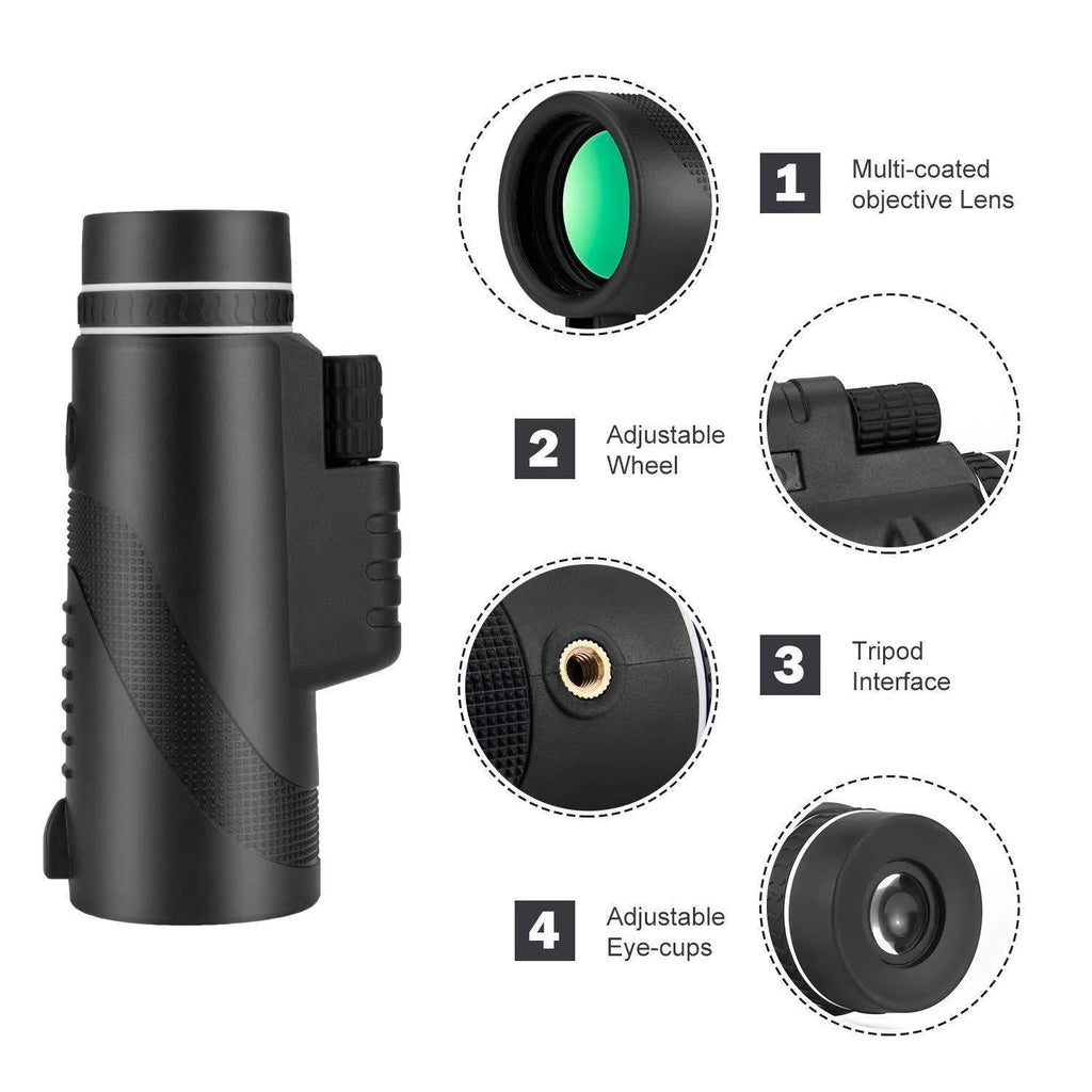 Black monocular telescope with 40x magnification and 60mm objective lens for outdoor observation