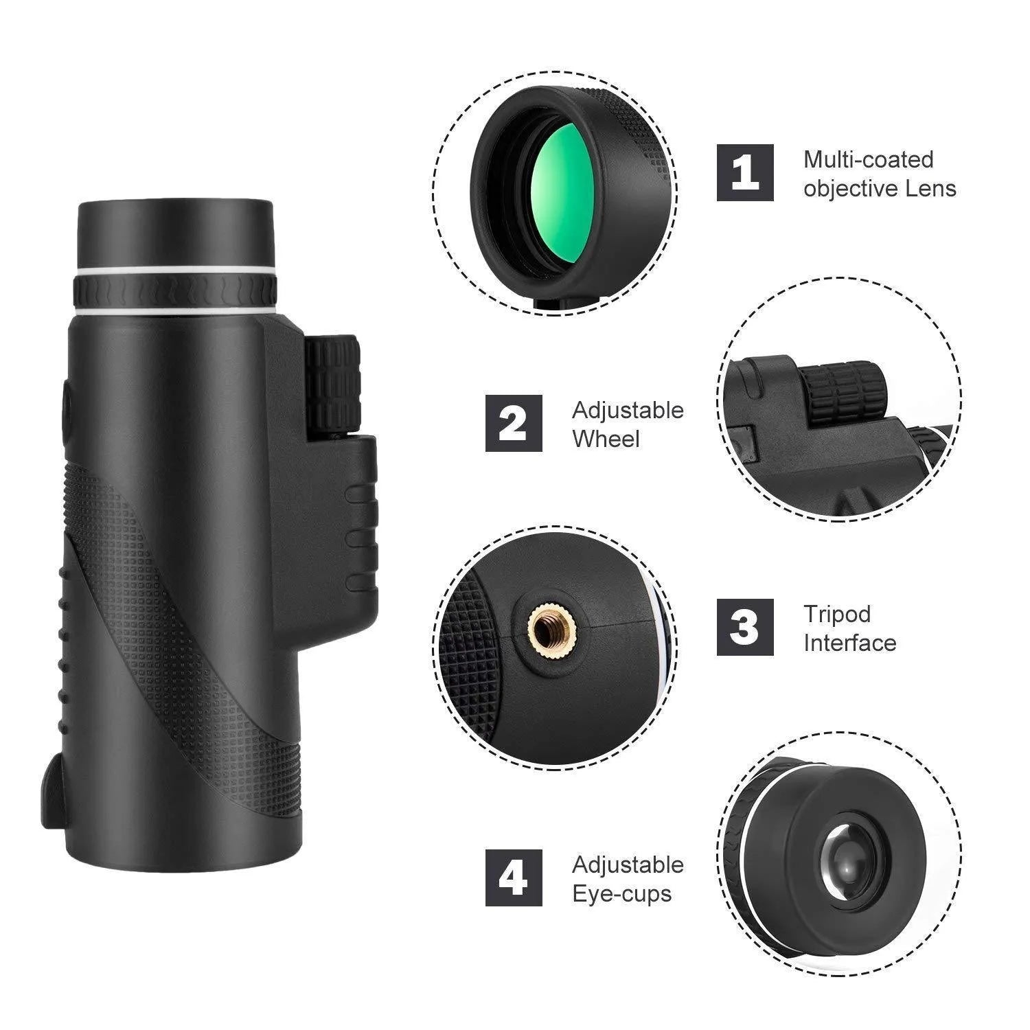 Black monocular telescope with 40x magnification and 60mm objective lens for outdoor observation