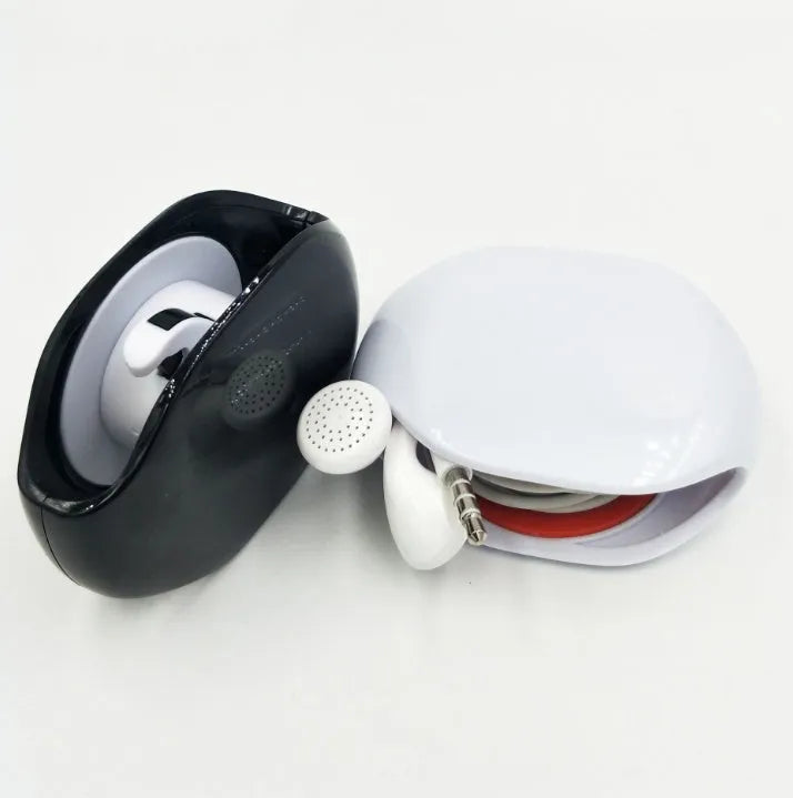Automatic earphone cable winder retractor in assorted colours on a white background.