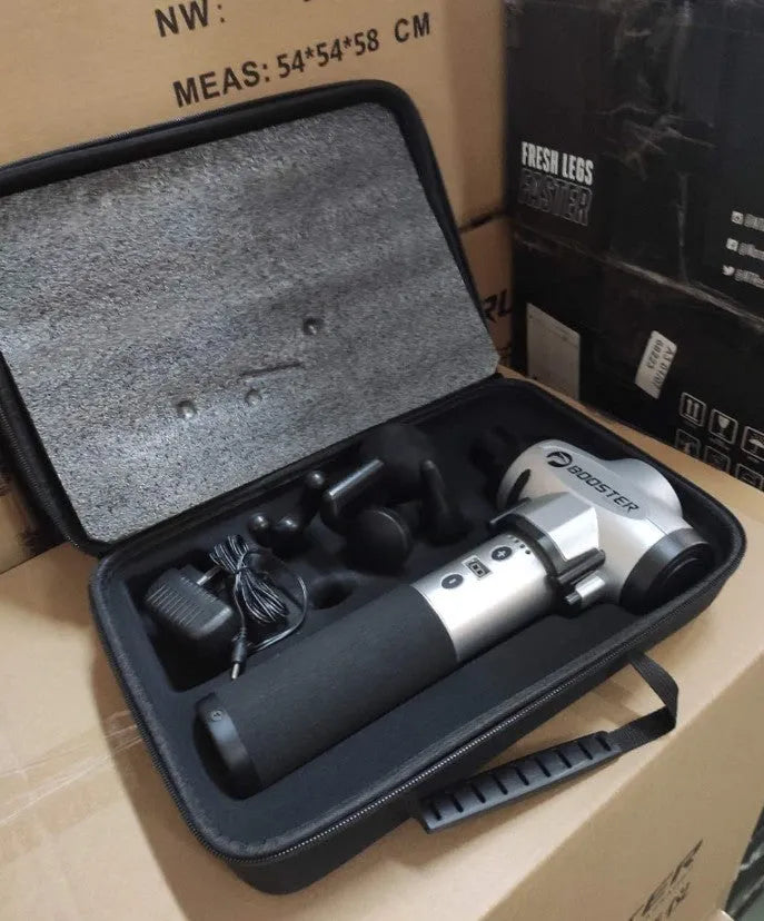 Black and white muscle massage gun with adjustable speed control and lithium battery power