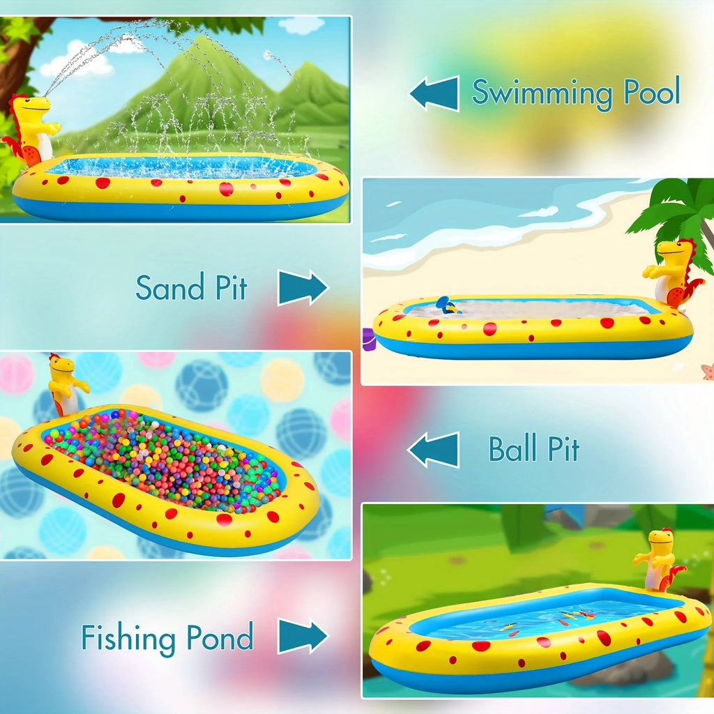 Blue dinosaur and shark inflatable water spray pool for kids outdoor play