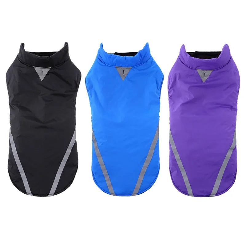 Cotton two-legged large dog jacket in black, blue or purple, sizes S to 2XL with cm size chart