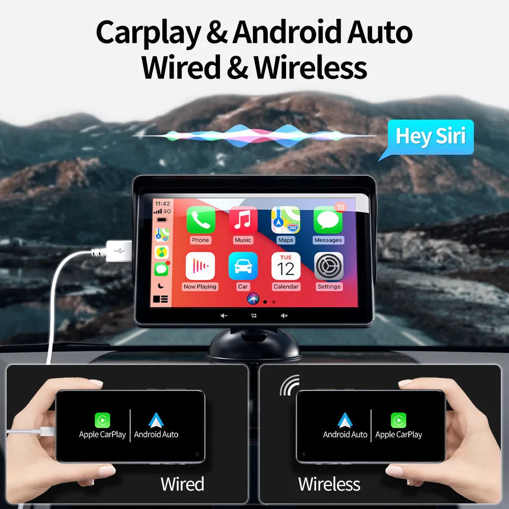 7-inch wireless CarPlay car display with suction cup mount and cigarette lighter connection