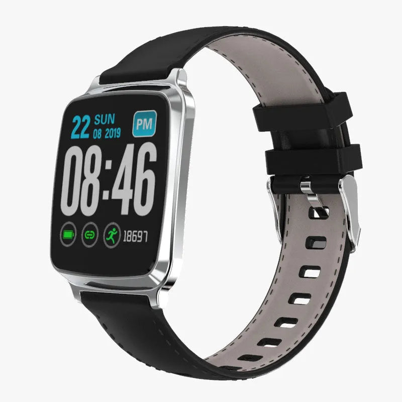 M8 smart bracelet in black showing zinc alloy body and touch screen on a wrist.