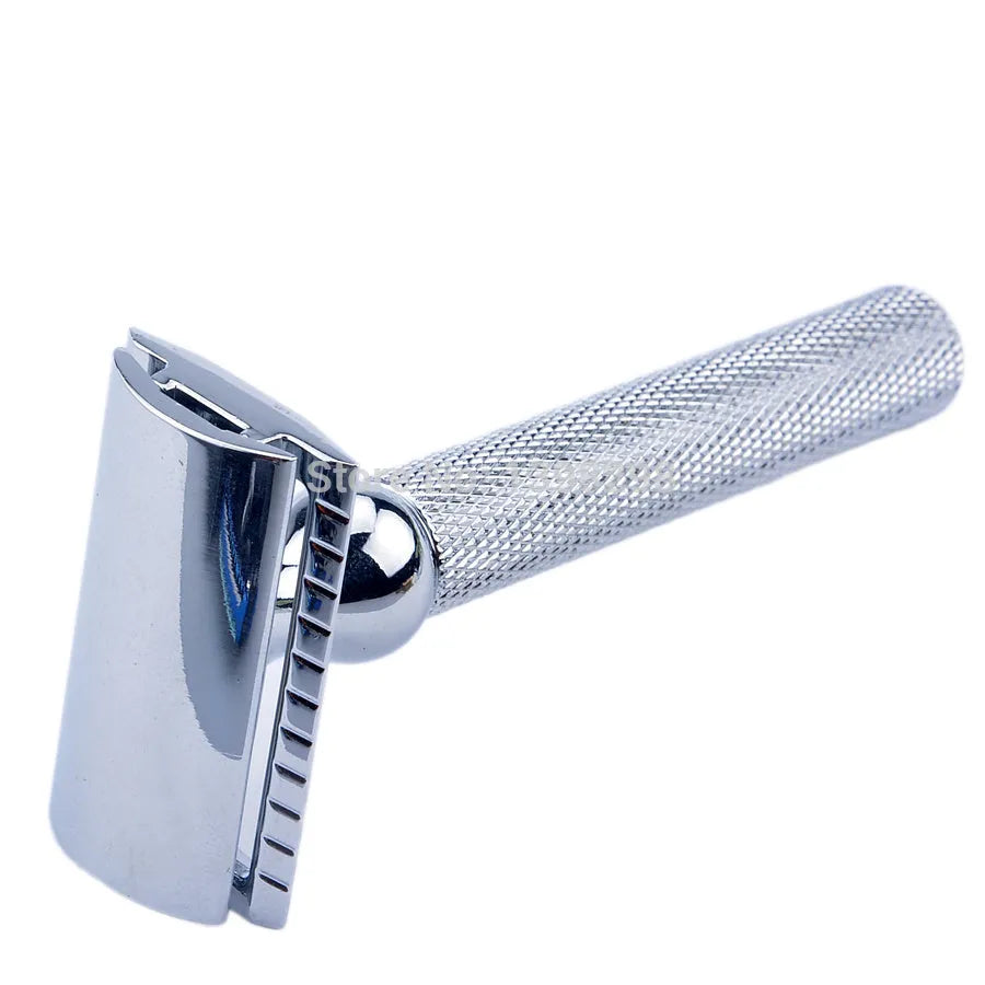 CSB men's shaving set with badger hair brush, chrome razor and stand, zinc alloy bowl, and blades in black box.