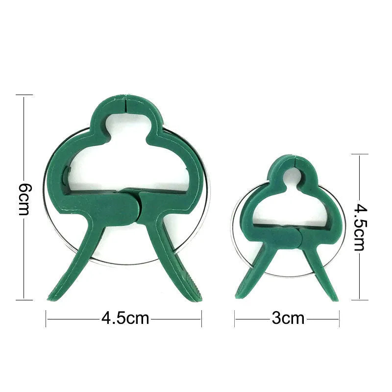 Green plastic and zinc plant fixing clips in large and small sizes for tomatoes and climbing plants