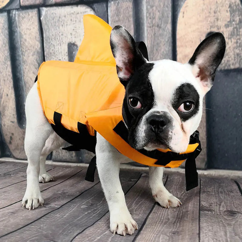 Shark dog life vest in blue or orange cloth with buckle, sizes XS to XXL