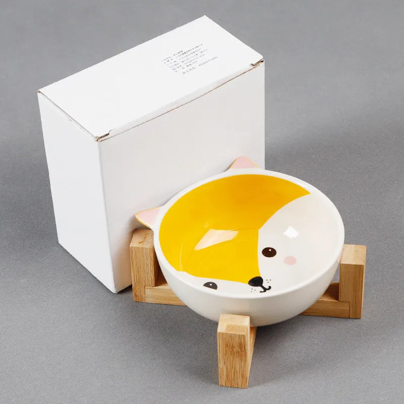 Raised ceramic cat food bowl in bamboo and wooden bracket, 13cm pottery dish, pink-eared fox design