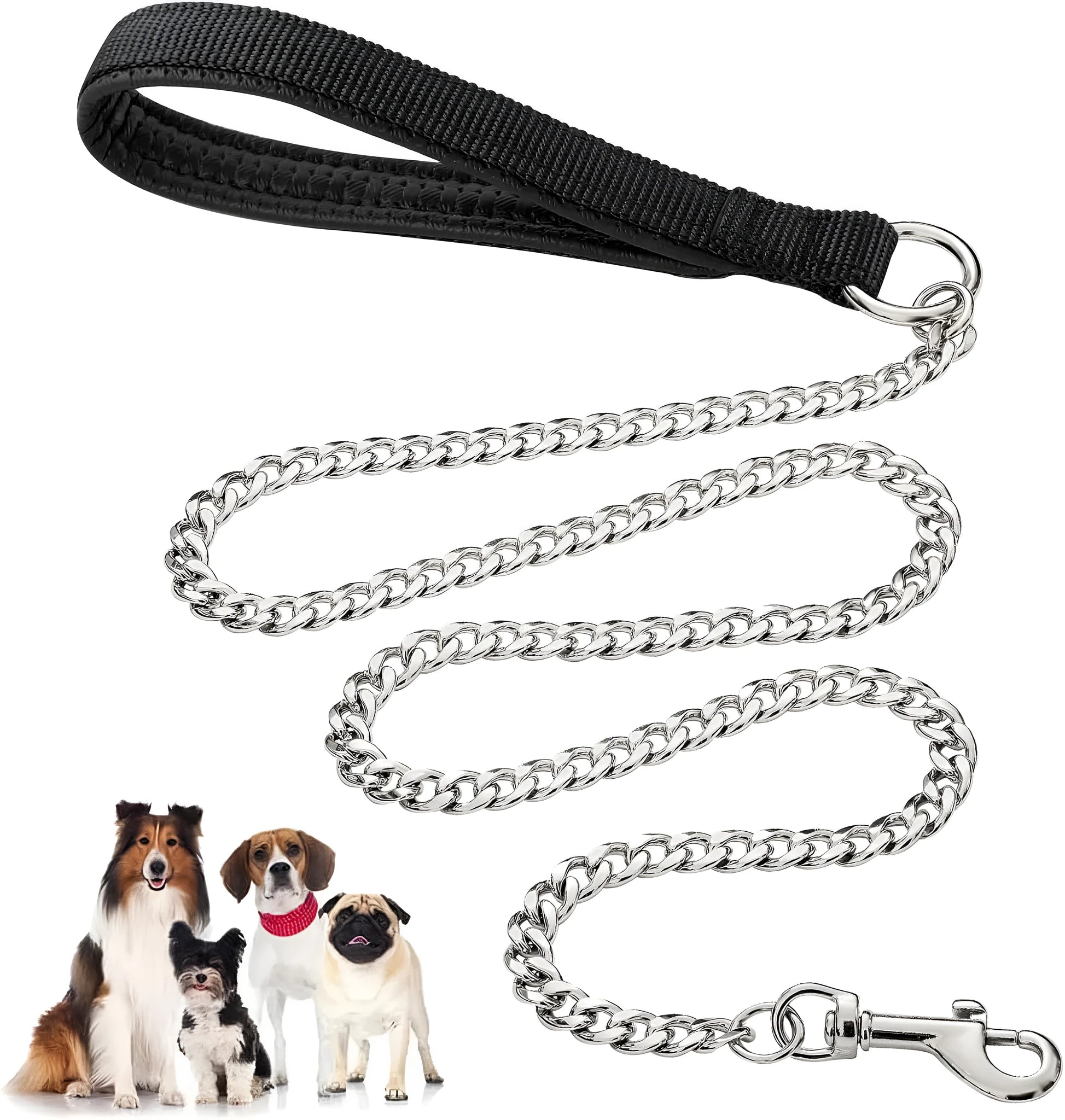 Heavy duty metal dog chain leash with soft black padded handle, shown with a red colour option.