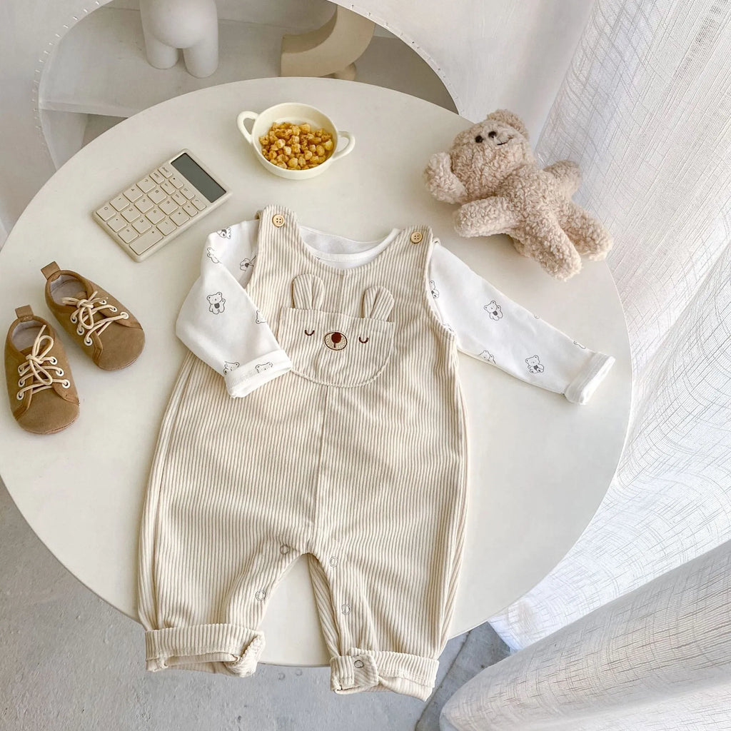 Infant clothing set with pullover shirt and suspender trousers, cotton blend, cartoon pattern, spring autumn, sizes 66-100 yards
