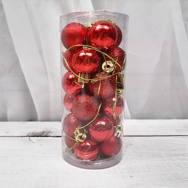 Assorted gold, red, silver and blue 3cm diameter shiny matte Christmas baubles displayed together.