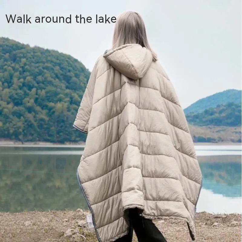 Outdoor cloak sleeping bag wearable blanket in army green with sleeves and 200x140cm dimensions