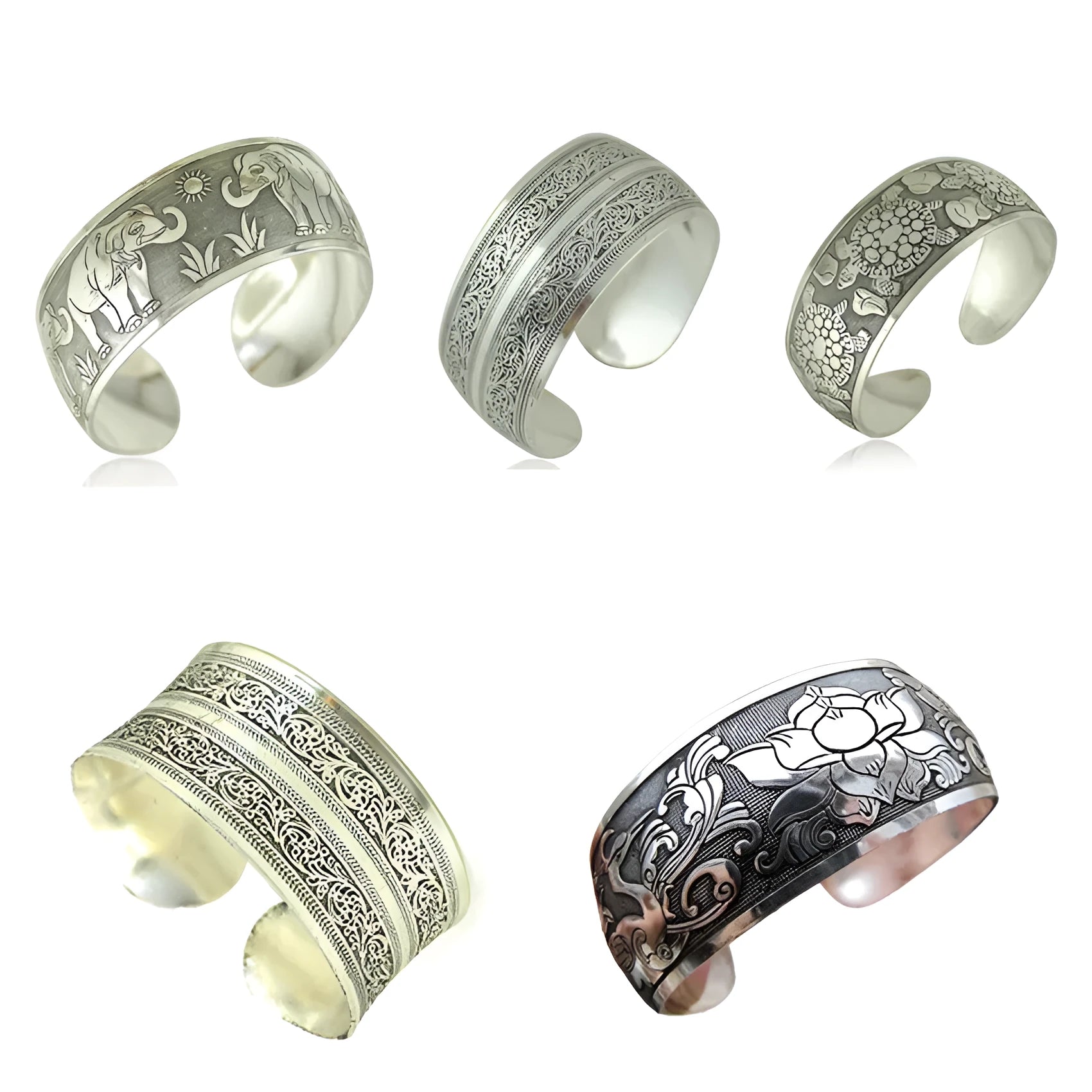 Carved open alloy bracelet with Miao ethnic design in elephant or turtle colour finish