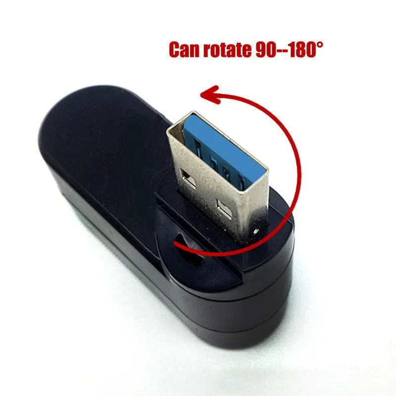 Black USB rotary splitter hub with four USB 3.0 ports on rotating design