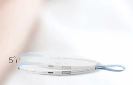 Slim blue portable UV-C baby bottle steriliser showing USB port and dimensions