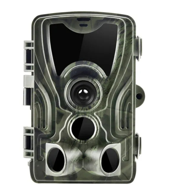 Green cellular trail camera with 16MP sensor, display screen, and infrared LEDs for night vision