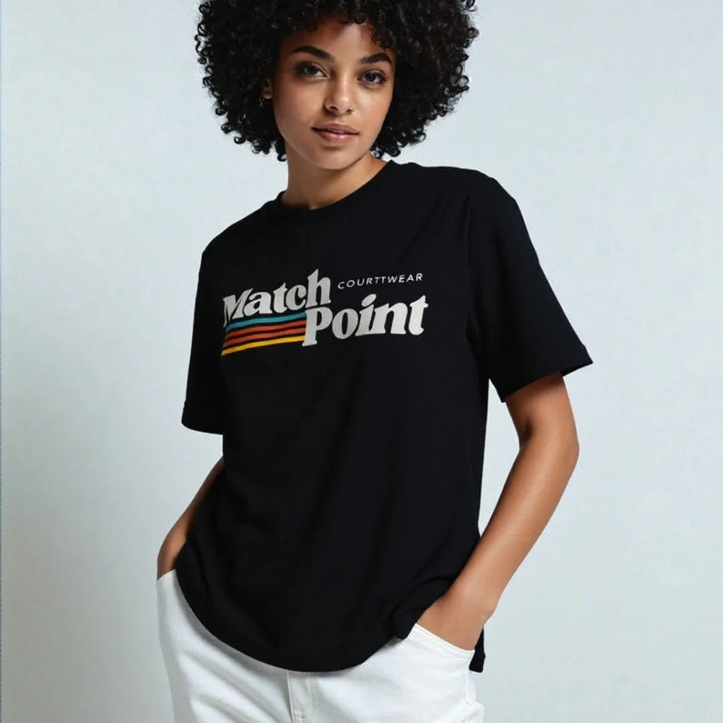 Black men's casual t-shirt with a digital text pattern print on the front, showing short sleeves and a round neck.