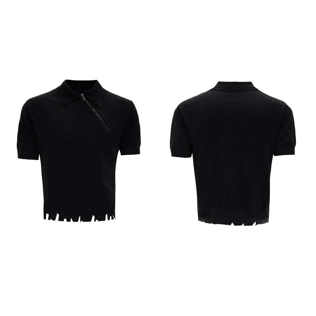 Men's slim-fit knitted polo shirt with oblique zipper collar and ice-feeling polyester fabric in black colour