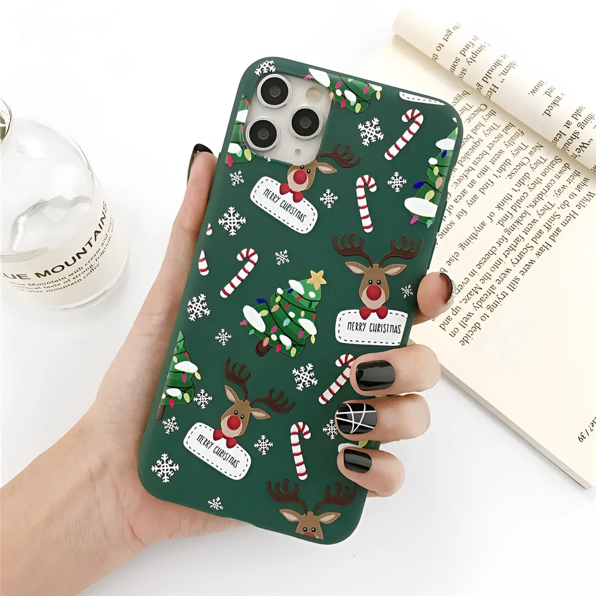 Green TPU iPhone case with cartoon Christmas tree and elk design with stripe elements