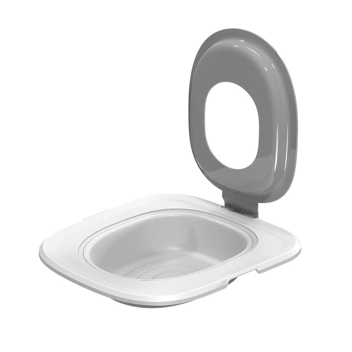 Fifth generation grey cat toilet trainer with high sides on a white background.